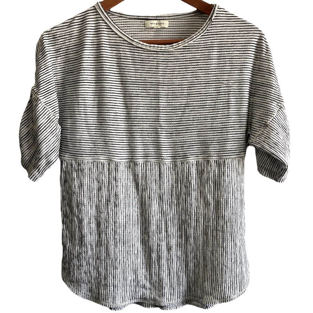 Max Studio Ruched Sleeve Black and White Stripe Top Small Women's